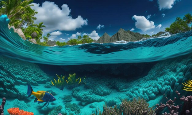 Tropical island seen from below the ocean waves