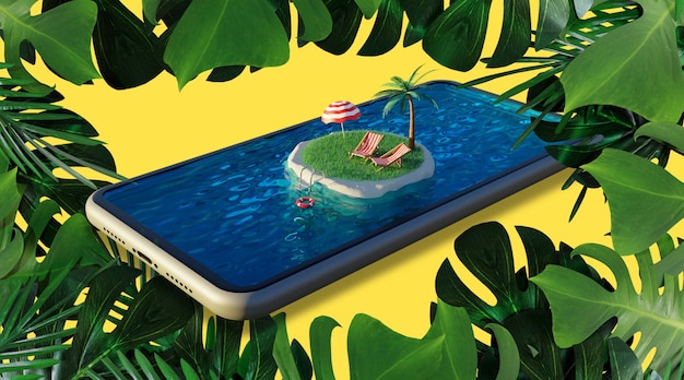 tropical island on smartphone.