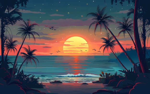 熱帯島の夕暮れの背景 夏のビーチ