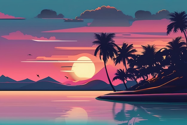 tropical island at sunset