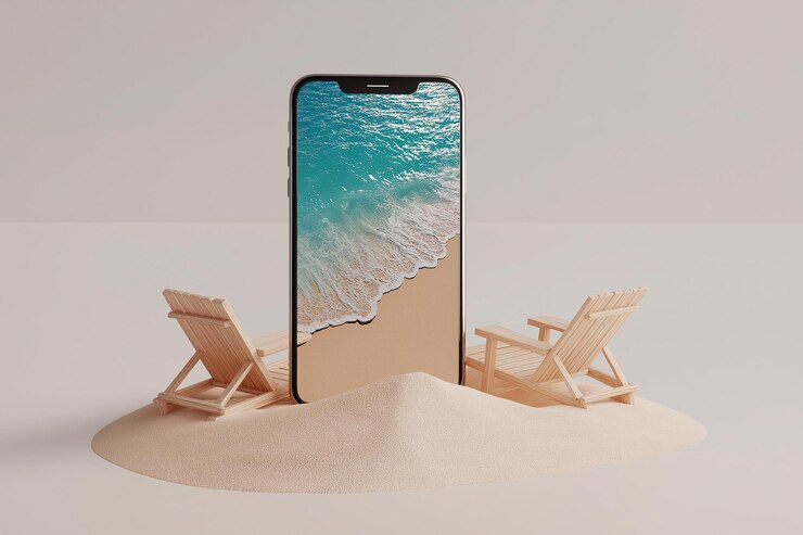 スマートフォンの画面で熱帯島の休暇 3D 作曲 夏の旅行と観光コンセプト オンラインチケットとホテルの予約 簡単な旅行 ビーチのミニチュア椅子