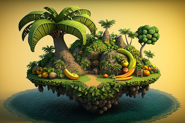 바나나 나무와 다른 과일이 있는 열대 섬.