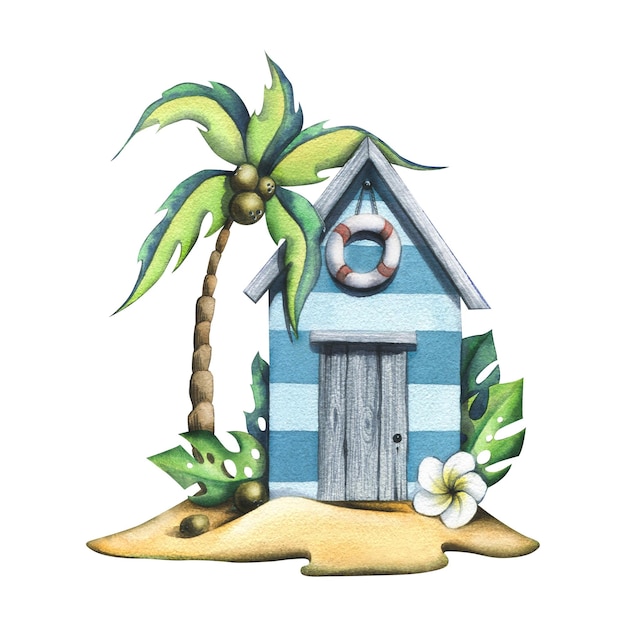 Тропический остров с пляжным домиком, украшенным спасательным кругом, кокосовой пальмой и листьями монстеры, цветком плюмерии. Акварельная иллюстрация. Для оформления и оформления принтов, наклеек, постеров.