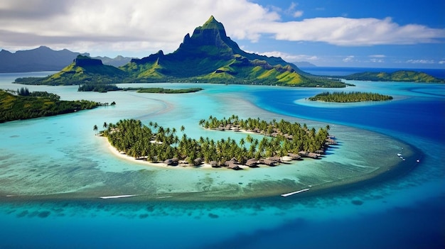 a tropical island with a beach and mountains in the background