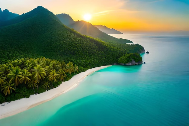 A tropical island with a beach and mountains in the background