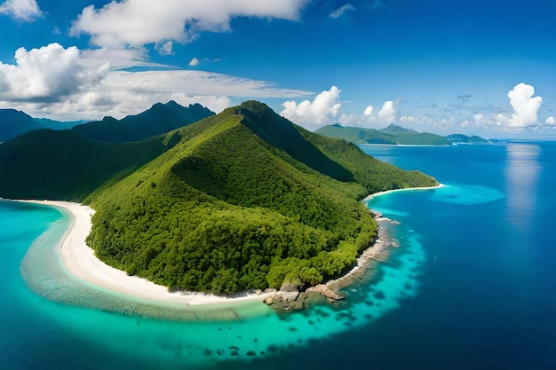 A tropical island with a beach and mountains in the background