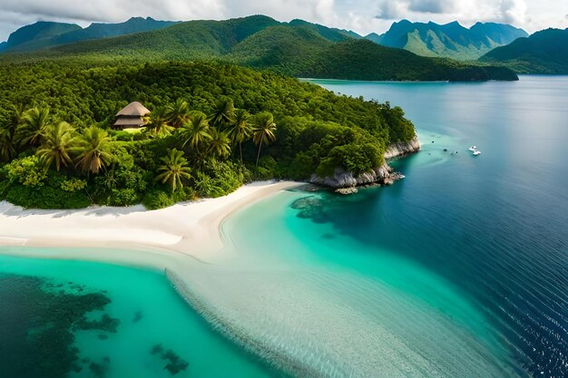 A tropical island with a beach and mountains in the background