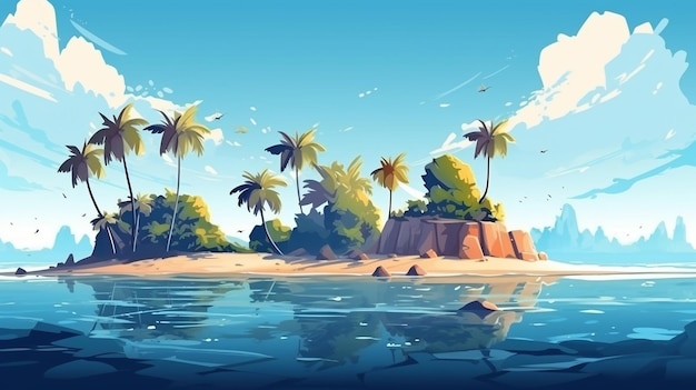 Tropical island with beach and palm trees Sunny ocean Paradise illustration style generated ai