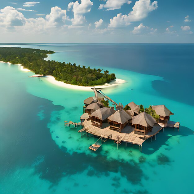 a tropical island with a beach and palm trees on the water