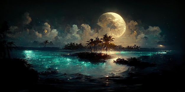 美しい風景と深海の反射を持つ熱帯の島。デジタル イラスト。