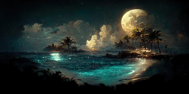Тропический остров с красивым пейзажем и глубоководными отражениями. Цифровая иллюстрация.