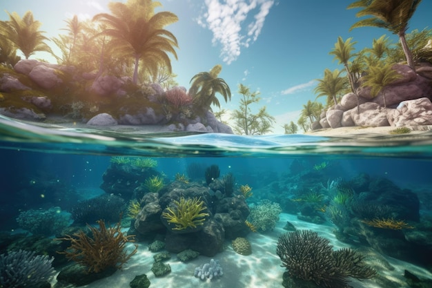 A tropical island with a coral reef and palm trees