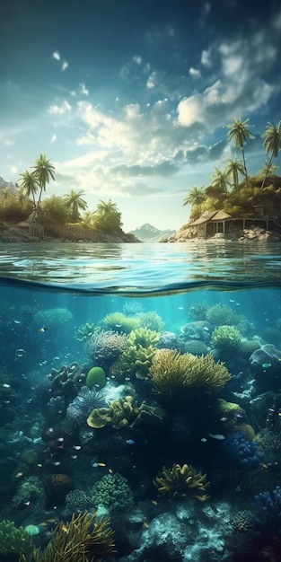 A tropical island with a coral reef and a tropical island in the background.