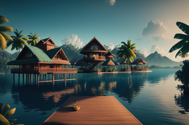 A tropical island with a dock and a house on it.