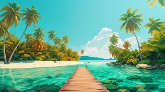 Тропический остров с причалом, окруженный пальмами.