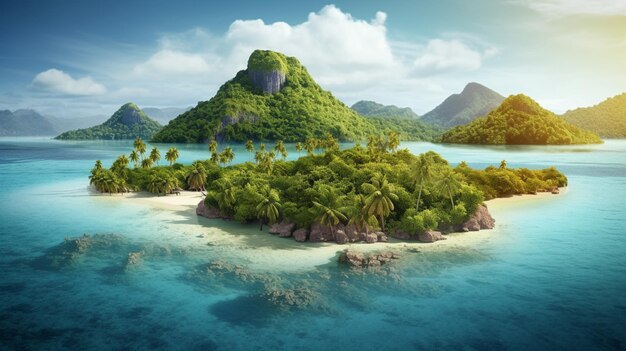 A tropical island with a green island in the middle of the ocean.