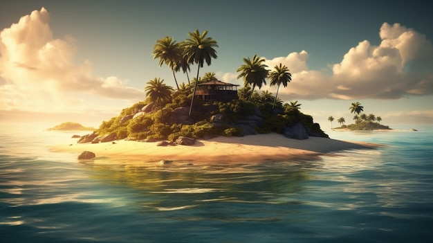 A tropical island with a house on it