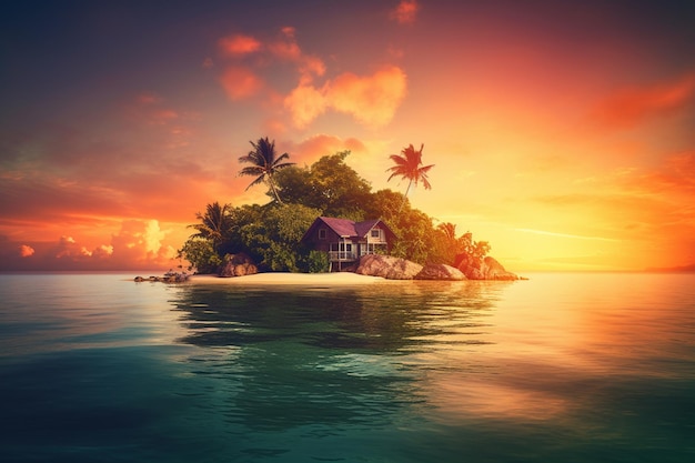 A tropical island with a house on it