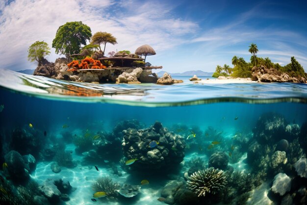 a tropical island with a hut and a coral reef