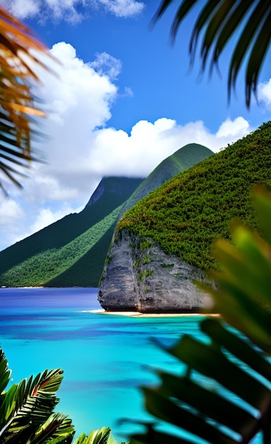 A tropical island with a mountain in the background