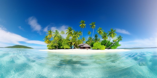 A tropical island with palm trees and a beach in the background