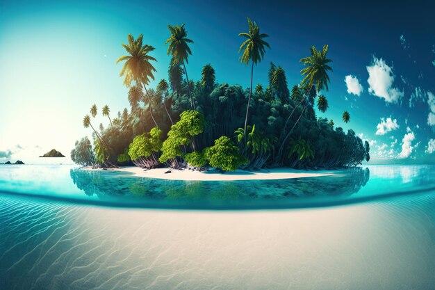 Tropical island with palm trees and beach flat illustration ai generated image