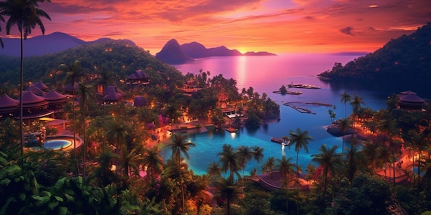 Тропический остров с пальмами и красивым закатом.