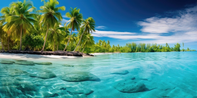 a tropical island with palm trees and blue water