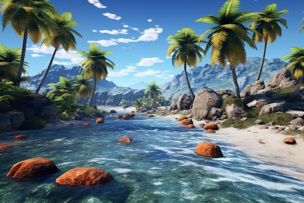 Тропический остров с пальмами и кокосовыми орехами