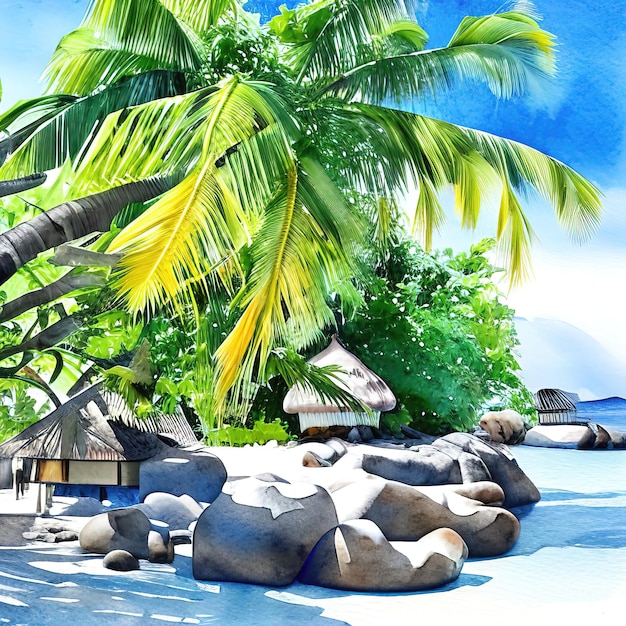 Tropical island with palm trees color art