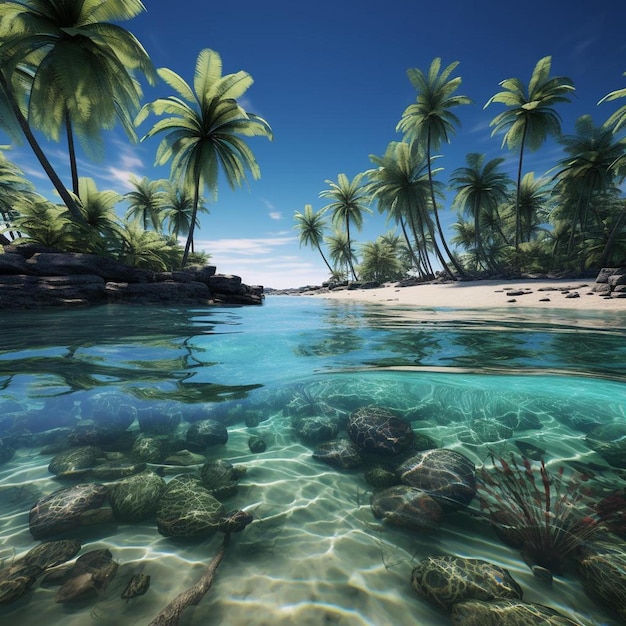 Un'isola tropicale con palme e coralli e una spiaggia.