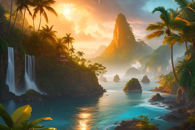 Тропический остров с пальмами. Создано с помощью генеративных инструментов искусственного интеллекта.