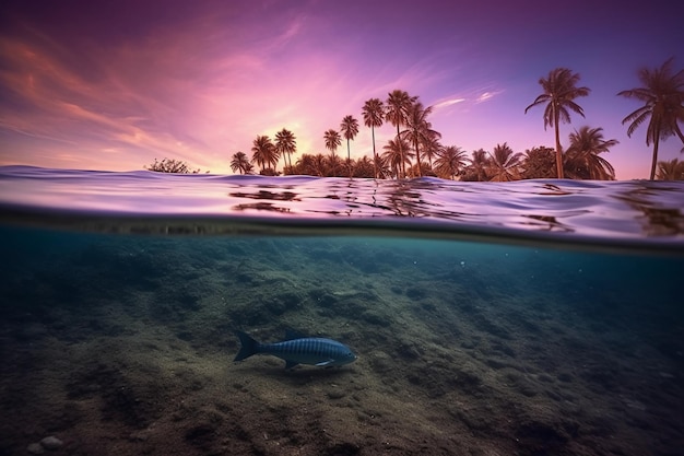 A tropical island with palm trees and a fish