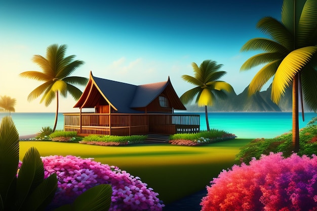 A tropical island with palm trees and a house on the beach.