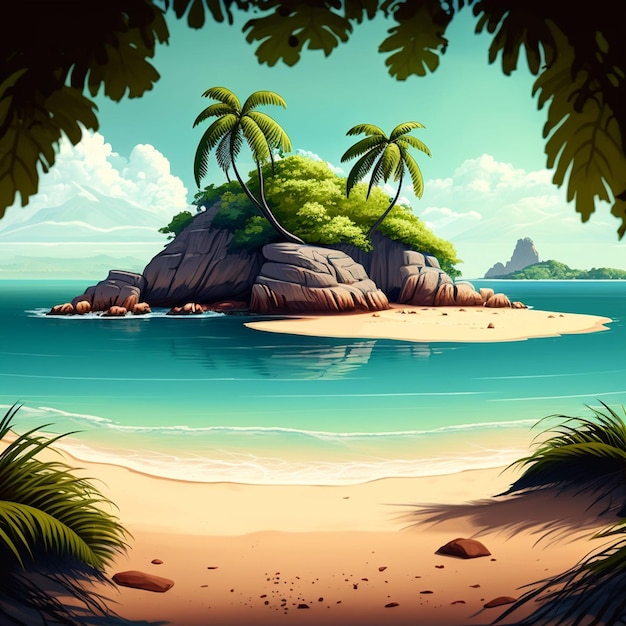 A tropical island with palm trees on it and a palm tree in the background.