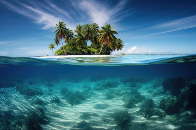 Tropical island with palm trees in the middle of an ocean and underwater life Split view with waterline