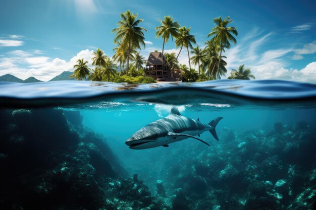 Tropical island with palm trees in the middle of an ocean and and underwater life with great white shark Split view with waterline