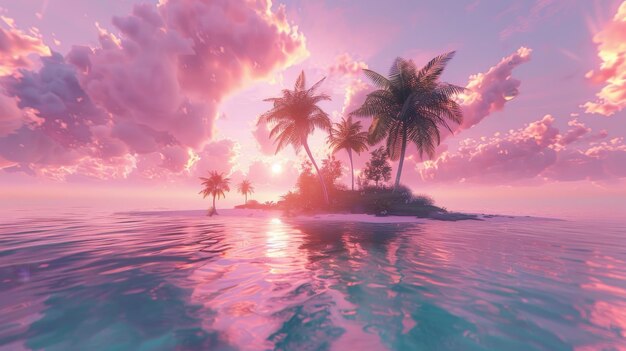 Photo tropical island with palm trees in the pink sky sunset