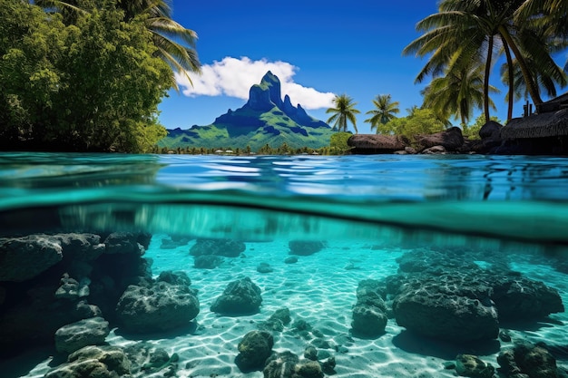 Tropical island with palm trees and rock in the water A peaceful and tranquil lagoon in Bora Bora French Polynesia AI Generated