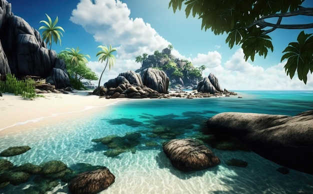 A tropical island with palm trees and rocks