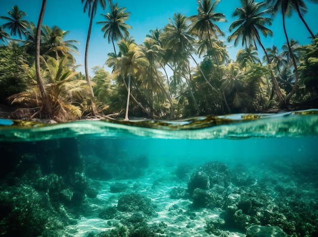 A tropical island with palm trees and water