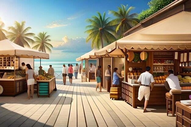 人々がビーチで買い物をする熱帯の島