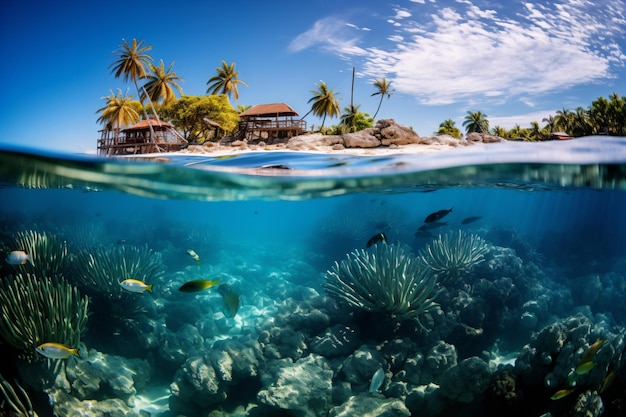 a tropical island with a sandy beach and a coral reef