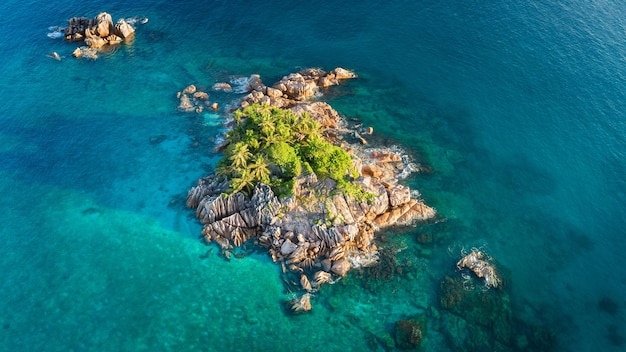 ドローンから撮影した海とヤシのある熱帯の島セイシェルの航空写真サンピエール島