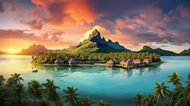 a tropical island with a sunset and mountains in the background