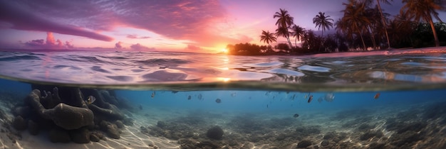 A tropical island with a sunset and a tropical island with palm trees in the background.