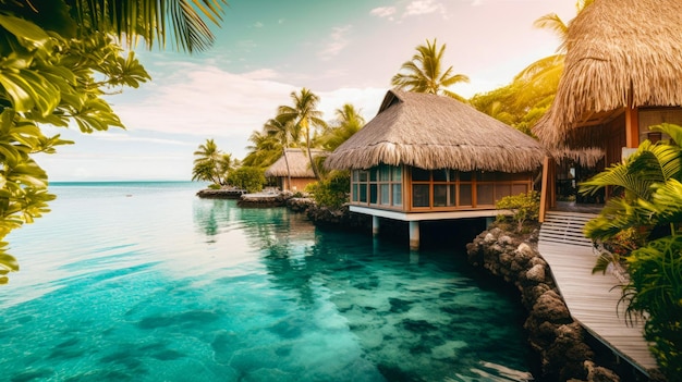 Тропический остров с соломенной крышей и пальмами