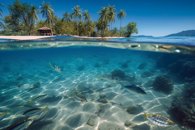 A tropical island with a white sand beach and a tropical island with palm trees and a blue sky