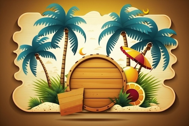 A tropical island with a wooden barrel and palm trees on it.