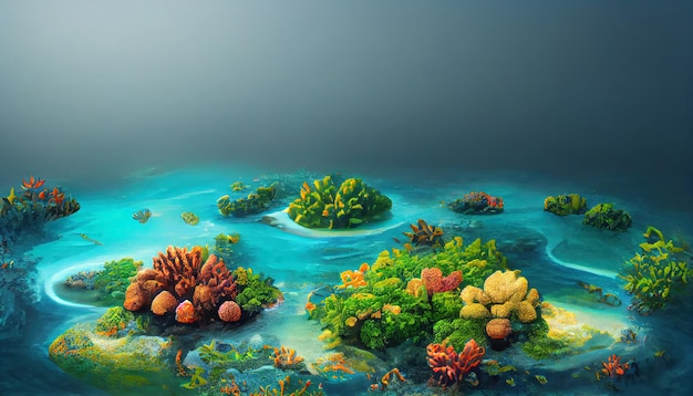 熱帯海の環礁内の熱帯の島と、サンゴのある素晴らしい美しい水中世界